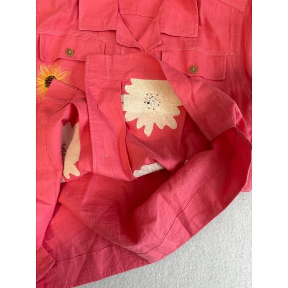 Kelly Scott L Linen Blend Pink Button Front Shirt Embroidered Sunflowers Jacket - Picture 5 of 7